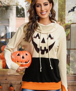 Halloween Print Color Block Drawstring Sweatshirt